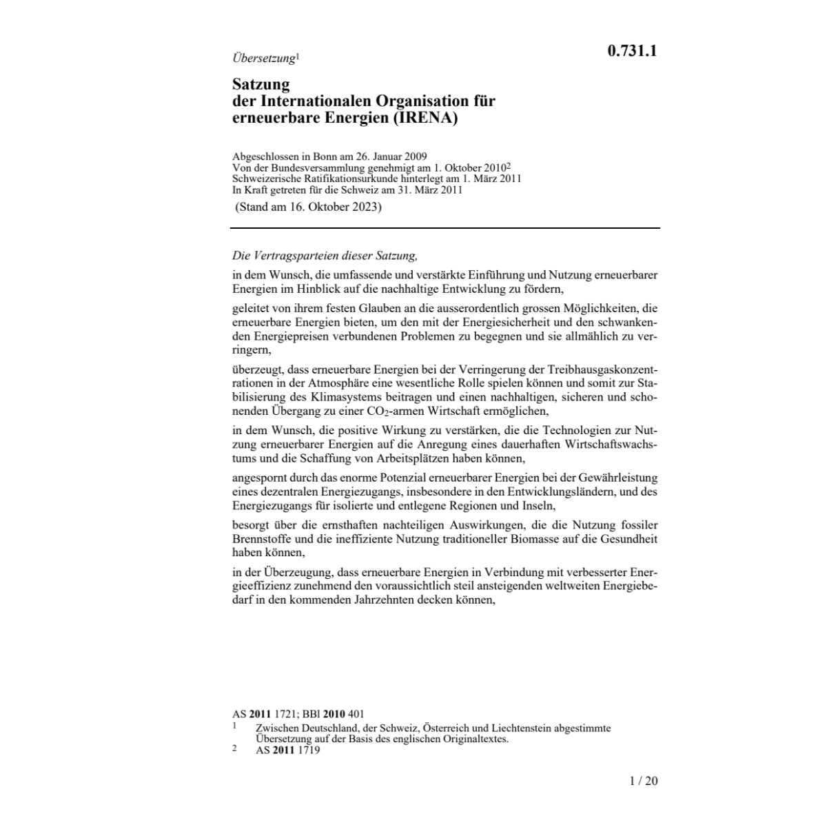 Satzung erneuerbare Energien IRENA