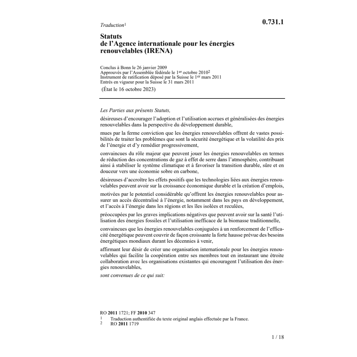 Statuts énergies renouvelables IRENA