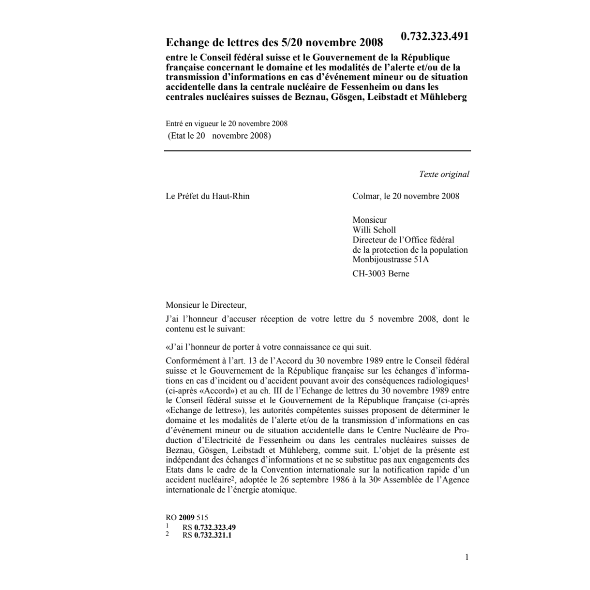 Echange lettres CH-F centrale nucléaire