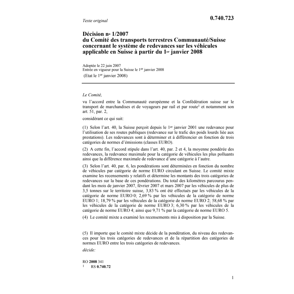 D no 1/2007 système redevances véhicules