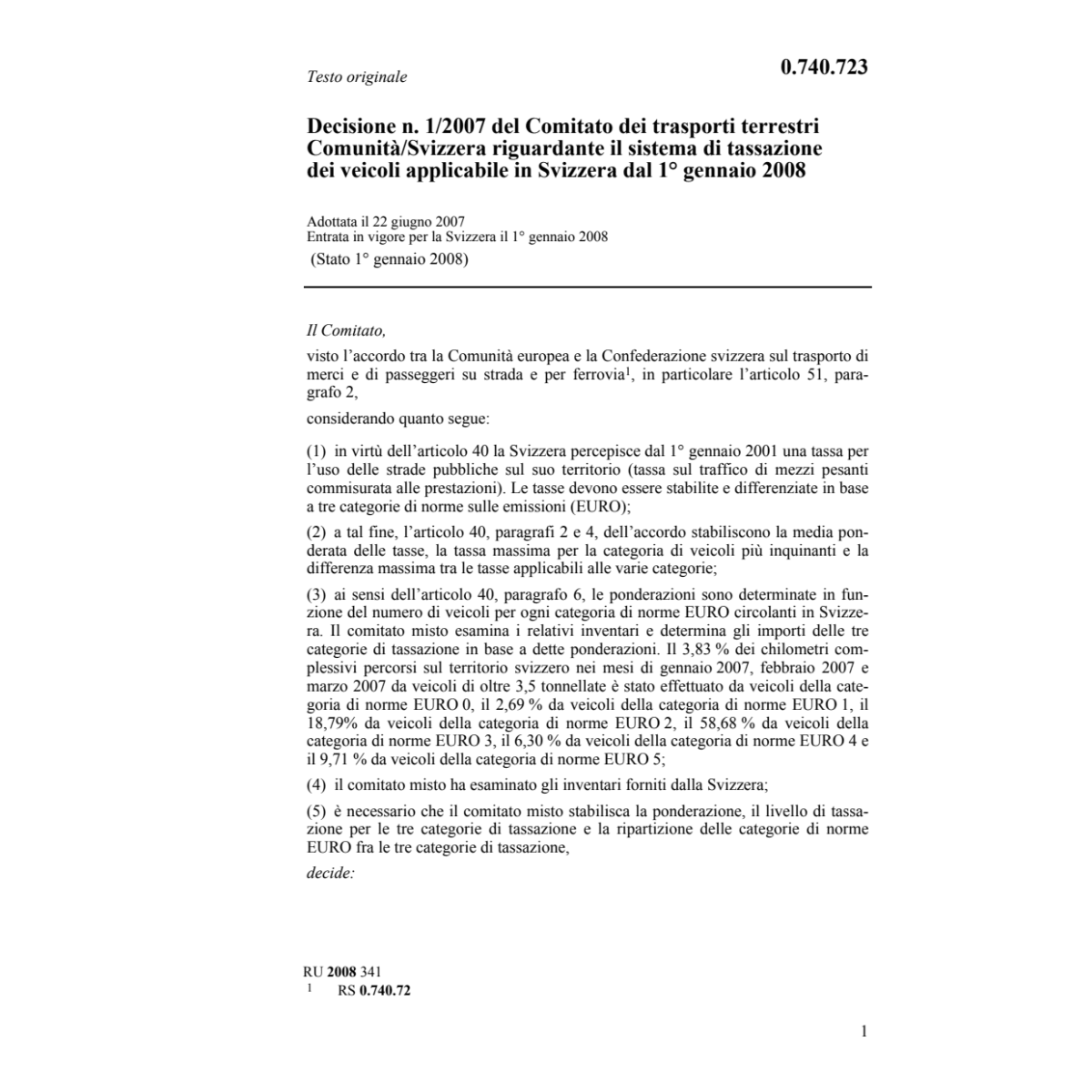 D n. 1/2007 sistema tassazione veicoli