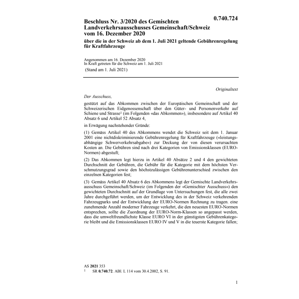 Beschluss Nr.1/2011 Schwerverkehrsabgabe