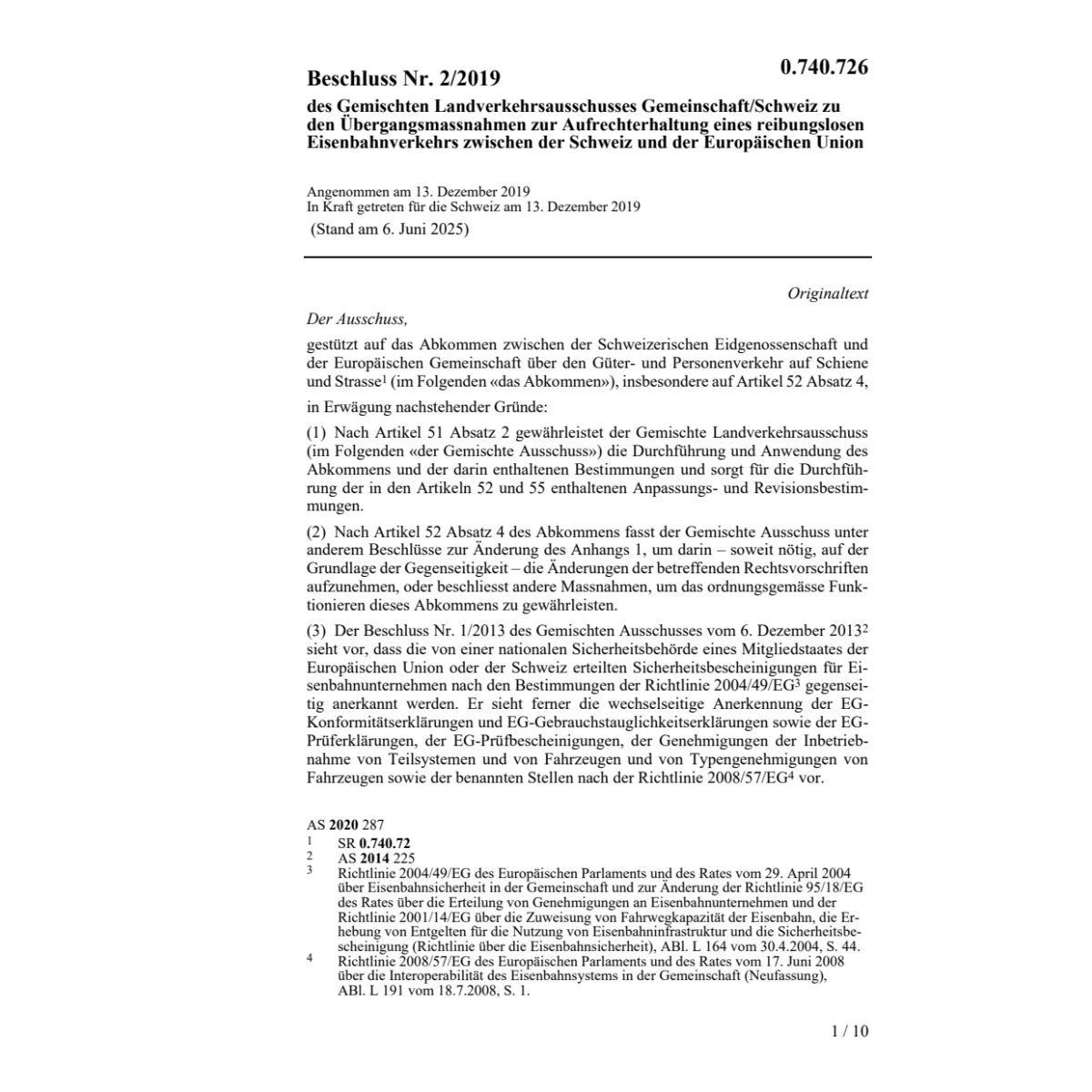 Beschluss Nr. 1/13 ÄND. Anhangs 1 Abk.