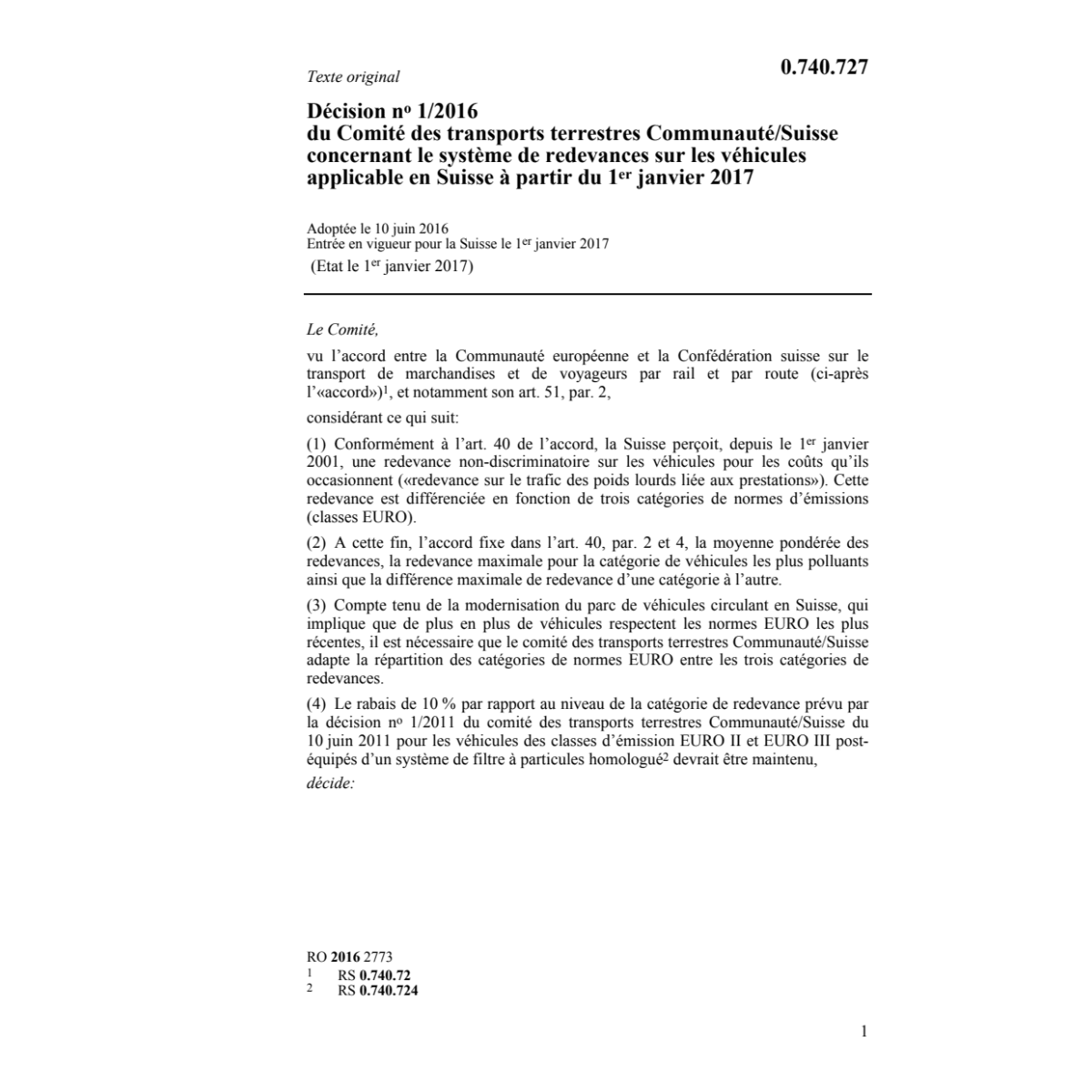 Décision Nr. 1/16 transports terrestres