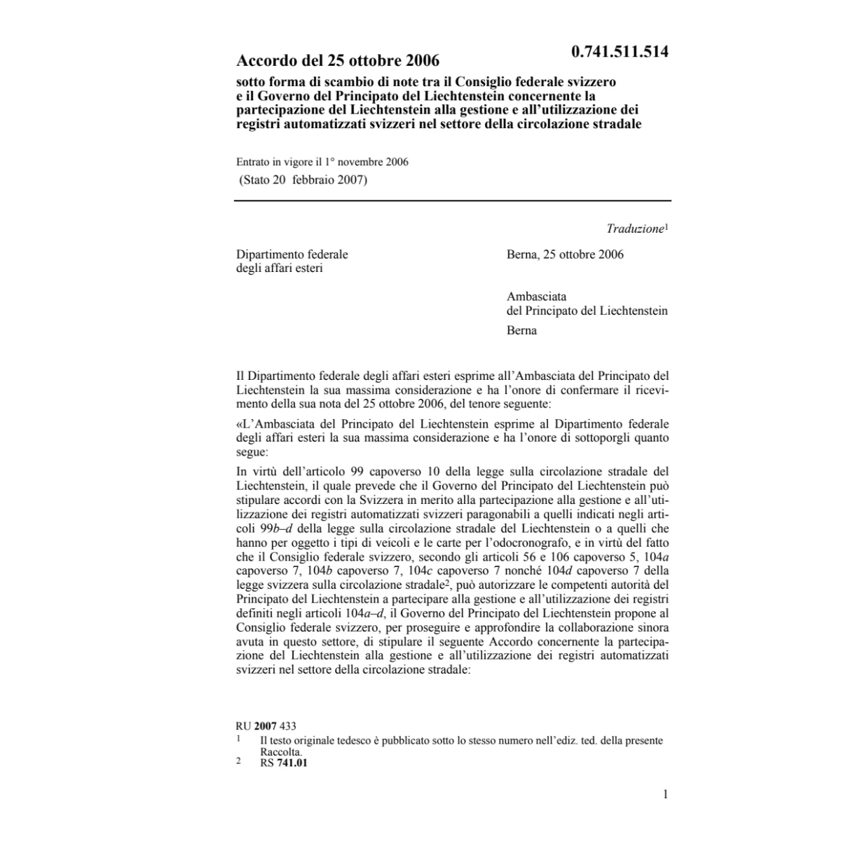 Acc. CH-FL settore circolazione stradale