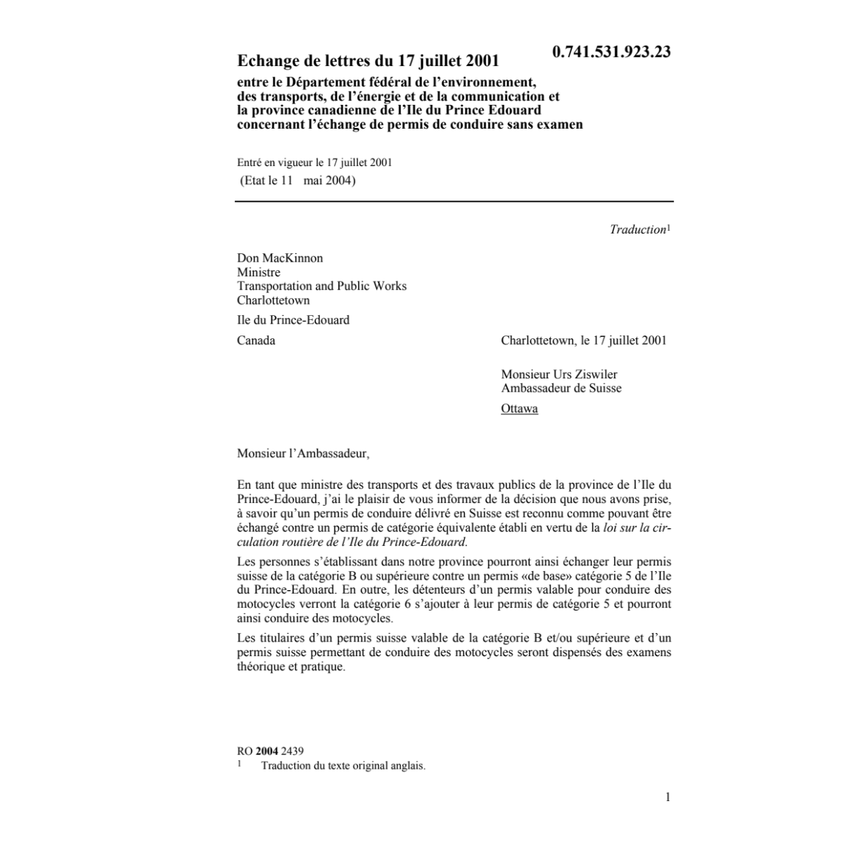 Echange lettres CH-Prince Edouard permis