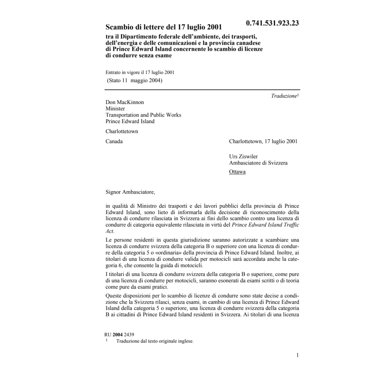 Scambio lettere CH-Prince Edward licenze