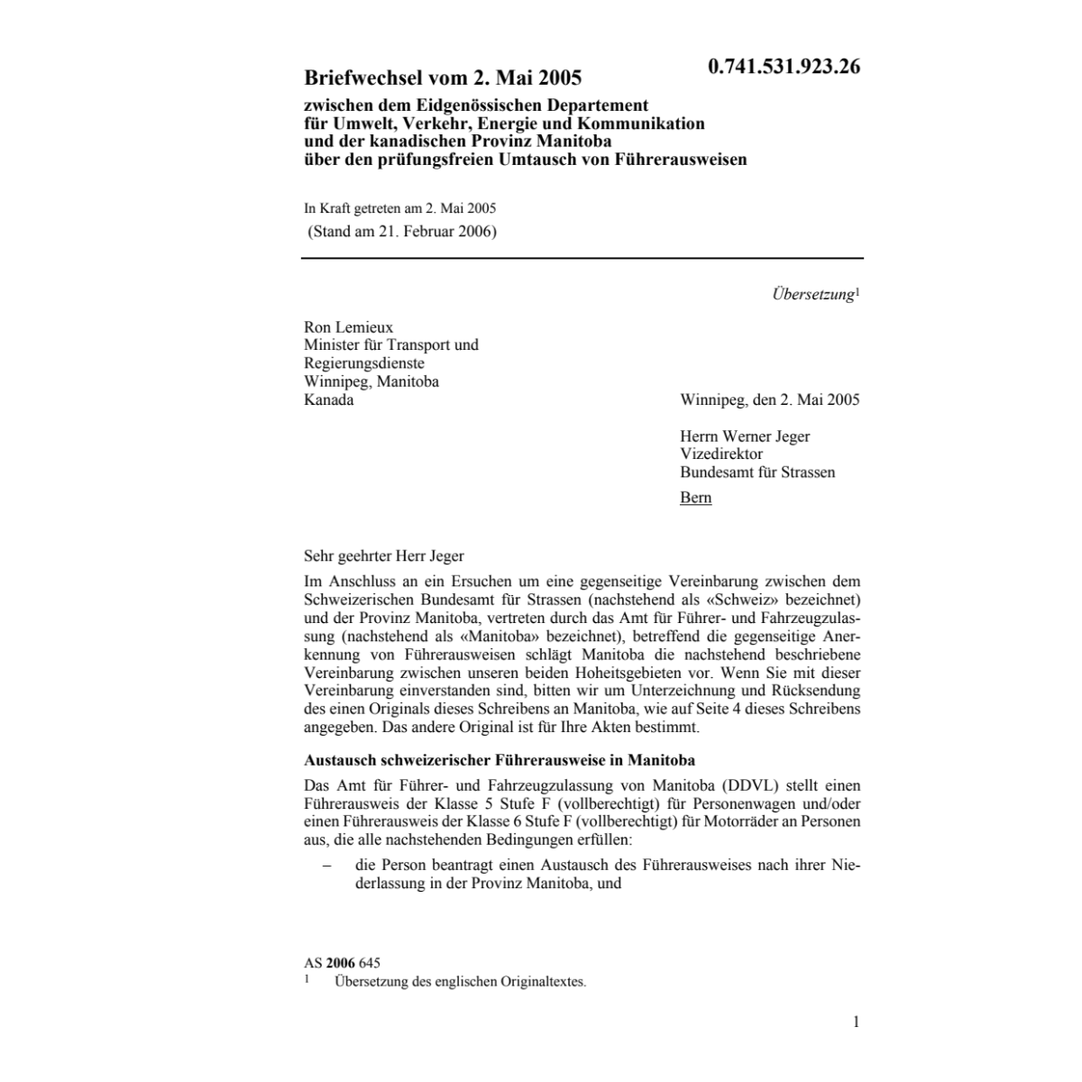 Briefwechsel Manitoba Führerausweisen