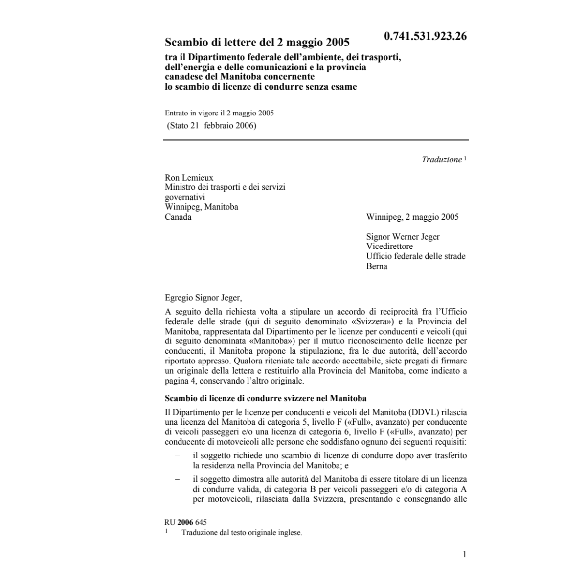 Scambio lett.Manitoba licenze condurre