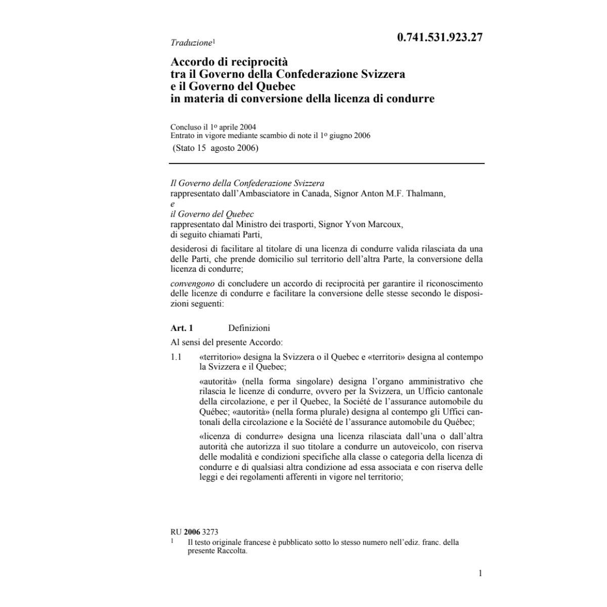 Acc. CH-Quebec licenza condurre