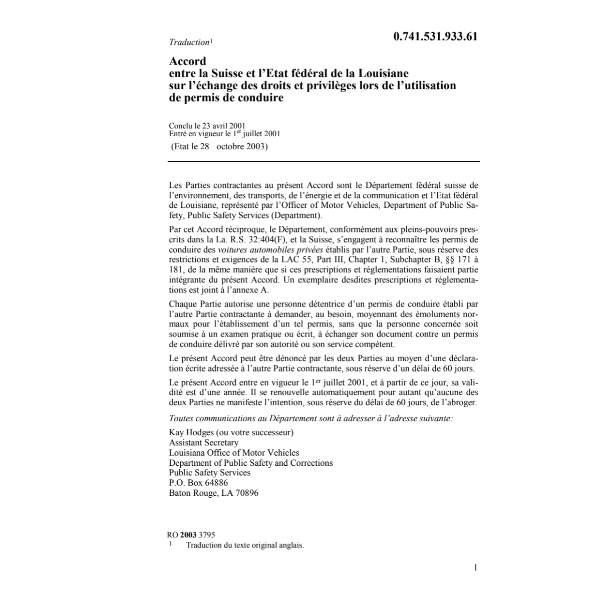 Acc. CH-Louisiane droits permis conduire