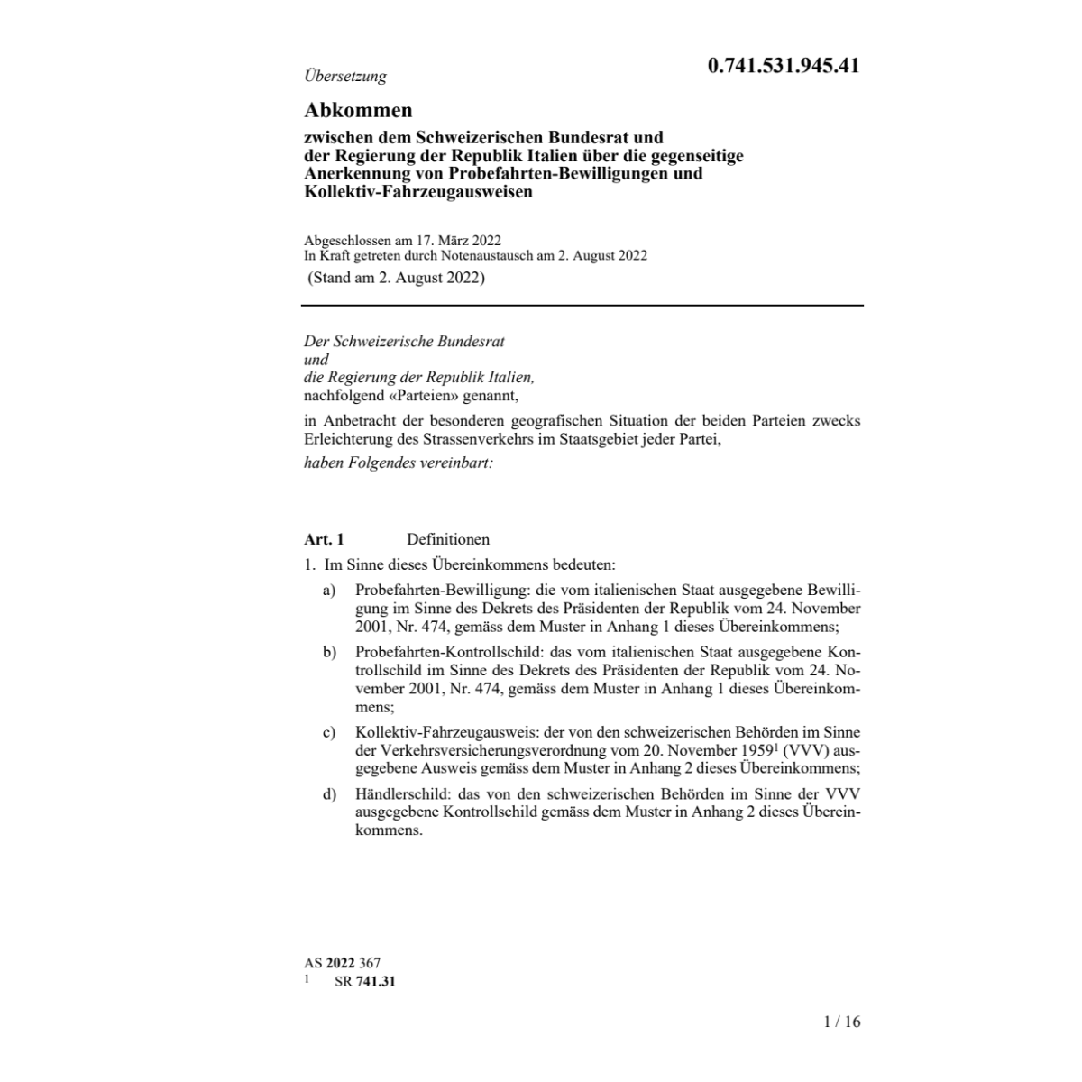 Abk. 17.3.22 Schweiz. Br Rep. Italien