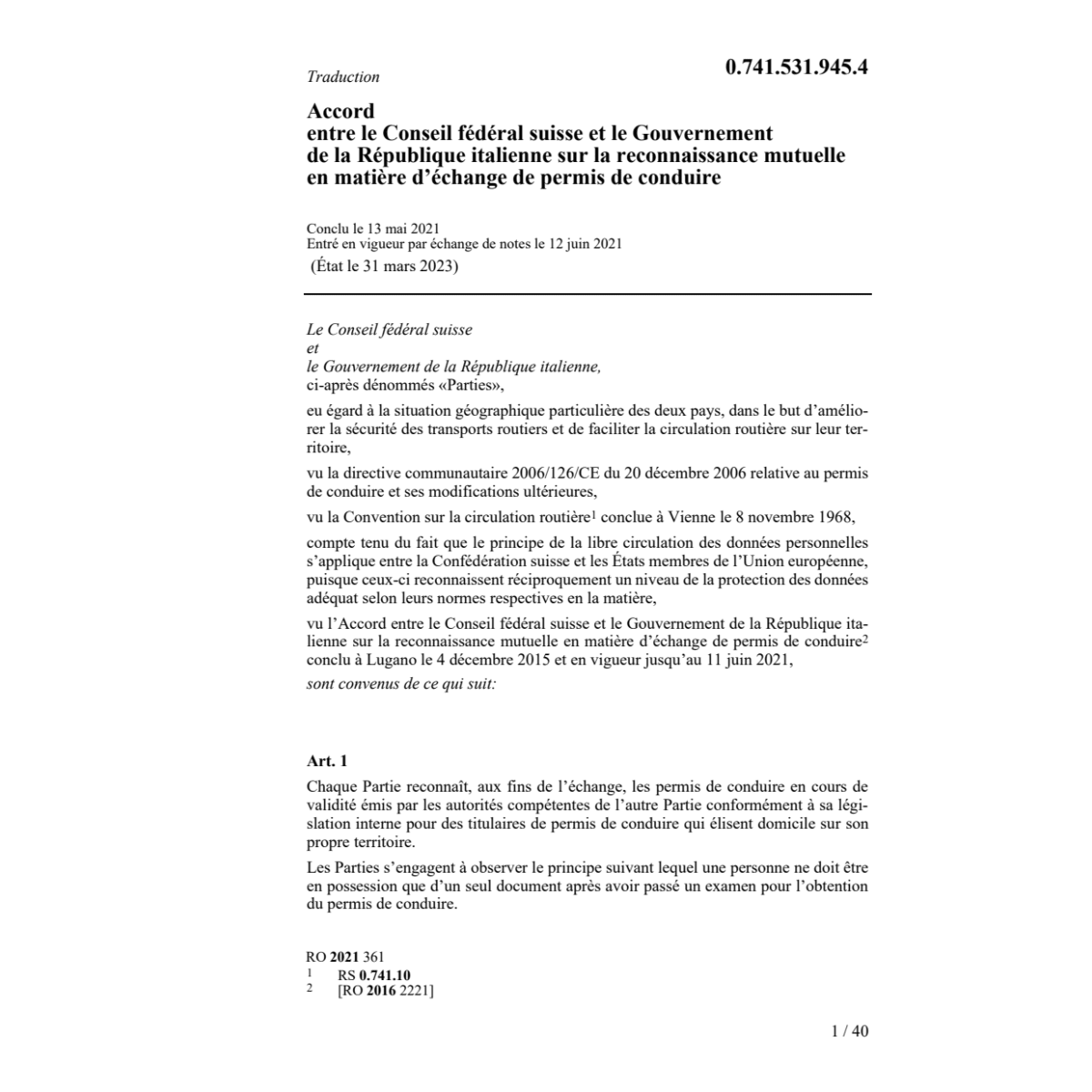 Acc. CH-IT reconnaiss. permis conduire