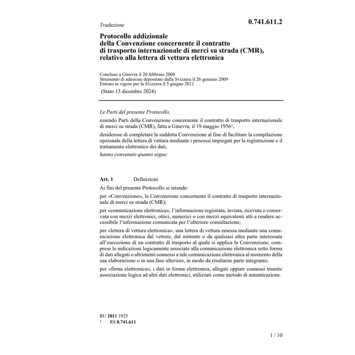 Prot. trasporto merci strada CMR