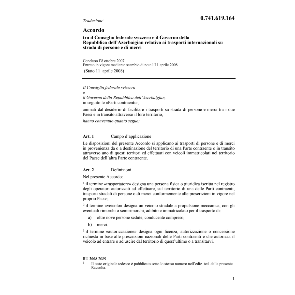 Acc. CH-Azerbaigian trasporti merci