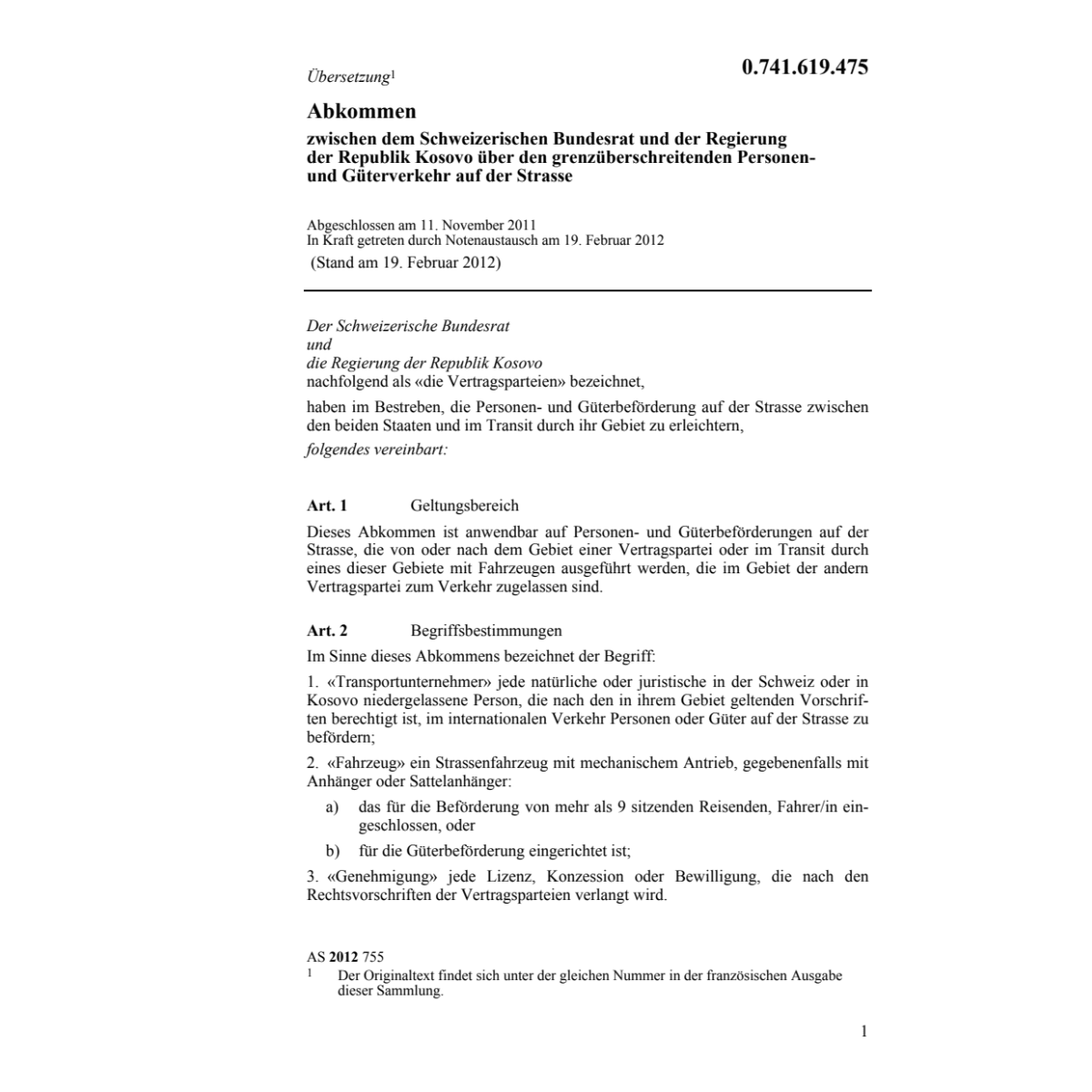 Abk. CH-Kosovo Güterverkehr Strasse
