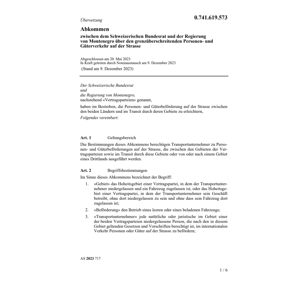 Abk. Montenegro Güterverkehr Strasse