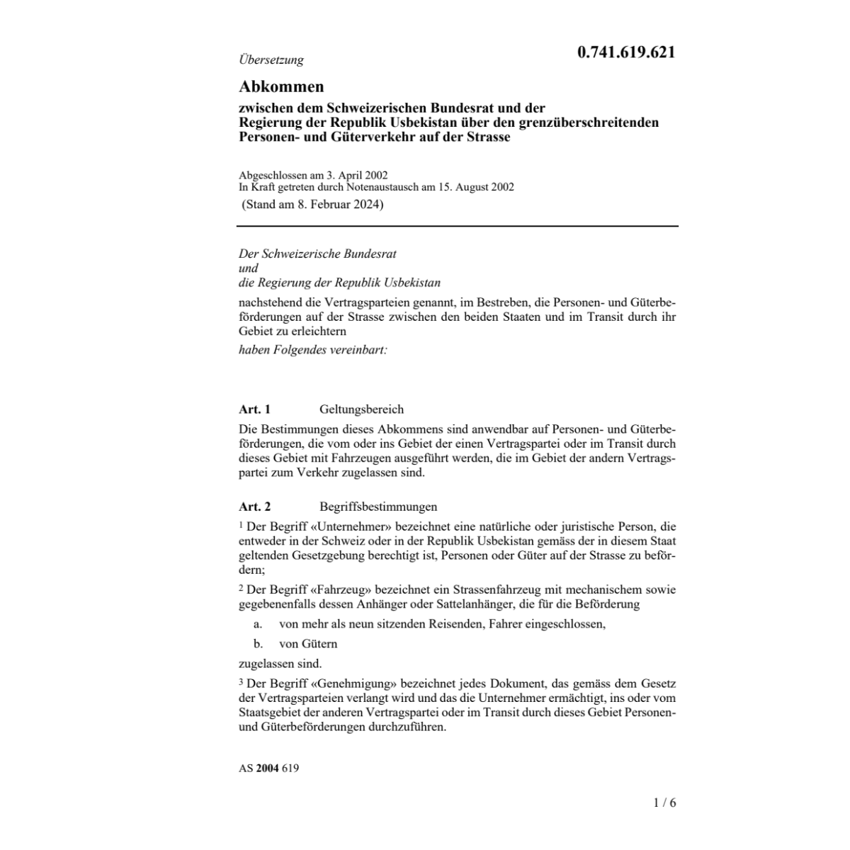 Abk. CH-Usbekistan Güterverkehr