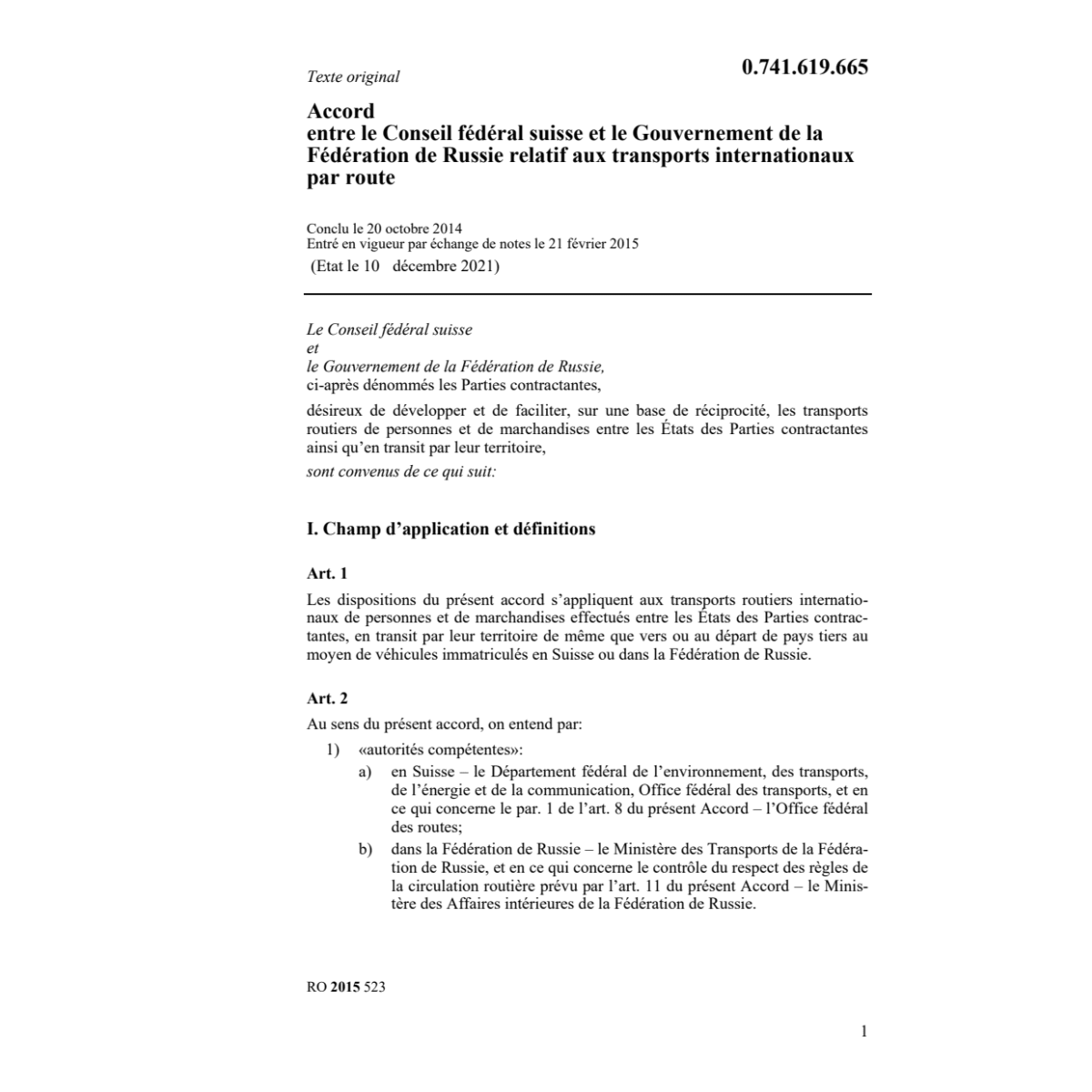 Acc. CH-Russie transp.internat.route