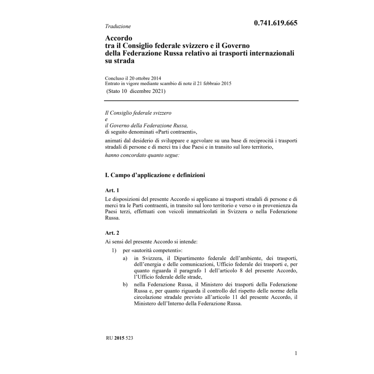 Acc. CH-Russa trasporti internaz.strada