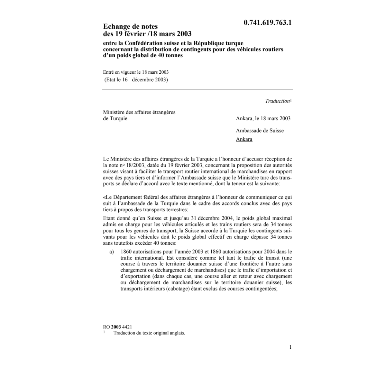 Echange de notes CH-Turque 40 tonnes