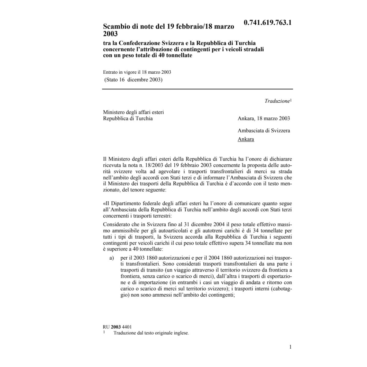 Scambio di note CH-Turchia 40 tonnellate