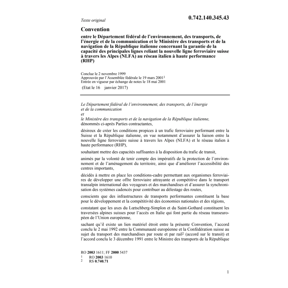 Conv. UVEK-Italie NLFA RHP ferroviaire