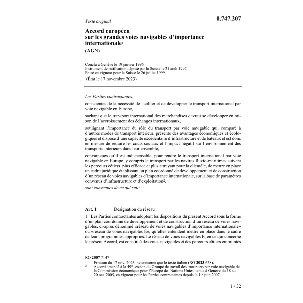 Acc.européen grande voies navigables AGN