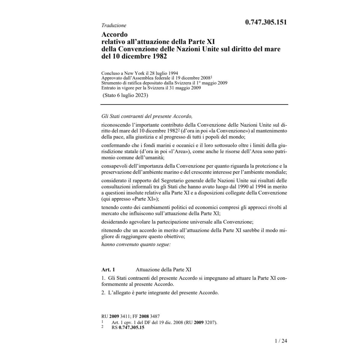 Acc. Parte XI Conv. diritto del mare