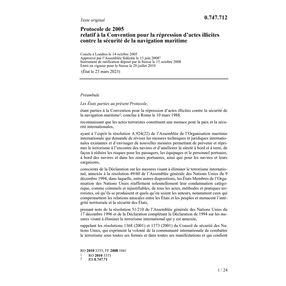 Prot. sécurité naviagtion maritime