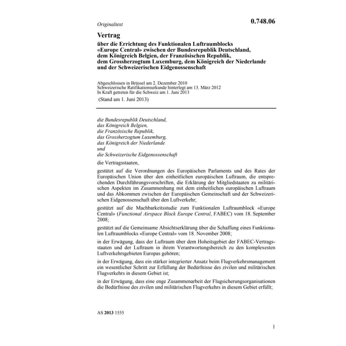 Vertrag Luftraumblocks Europe Central