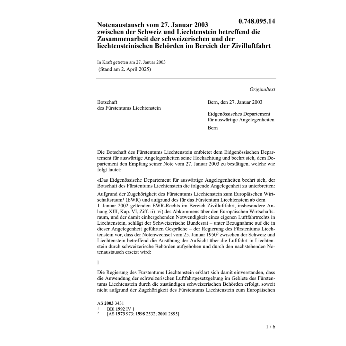 Notenaustausch Luftfahrtaufsicht CH/FL