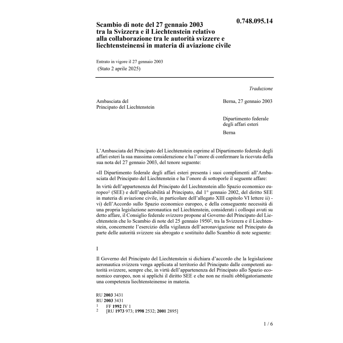 Scambio di note CH/FL aeronavigazione