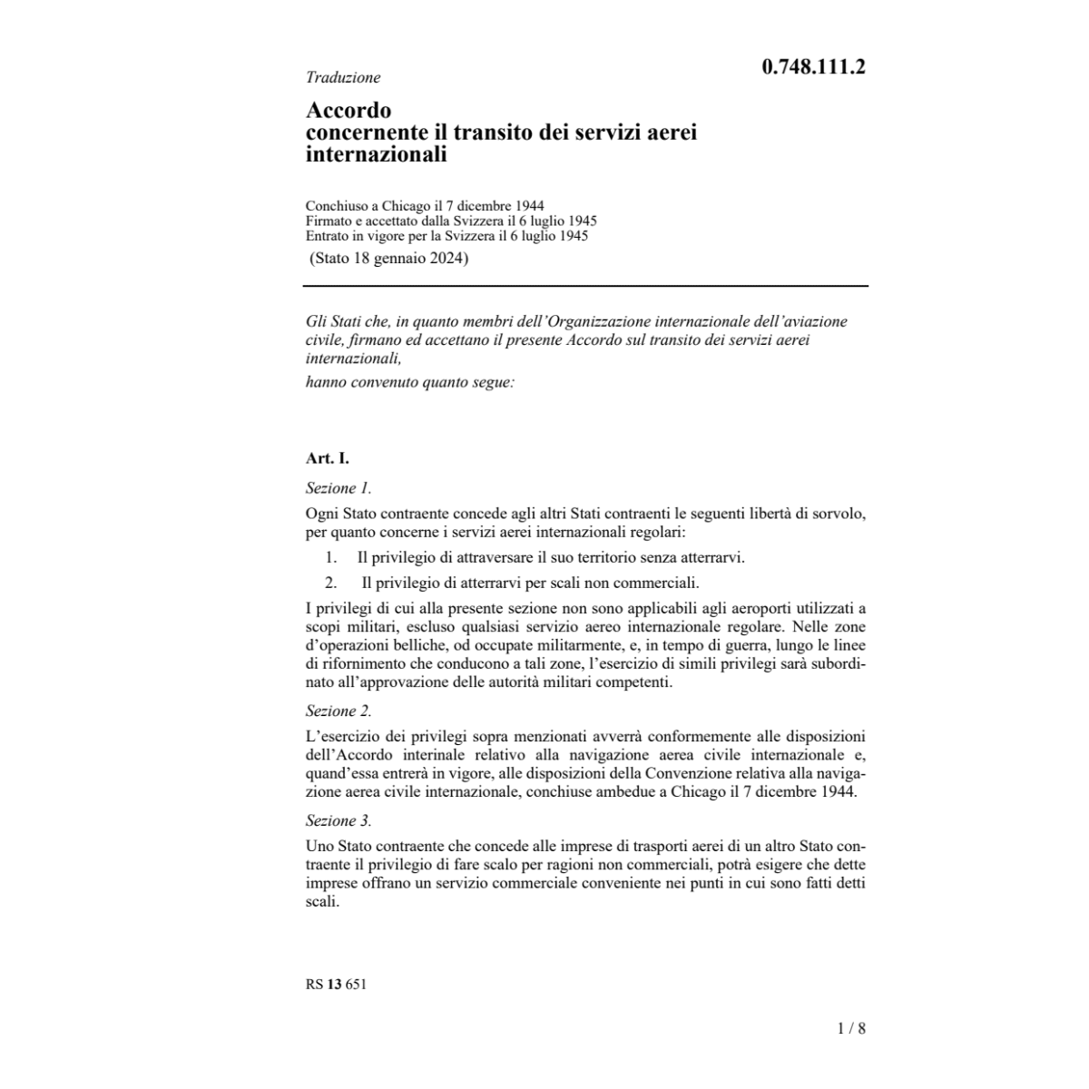 Accordo transito dei servizi aerei int.