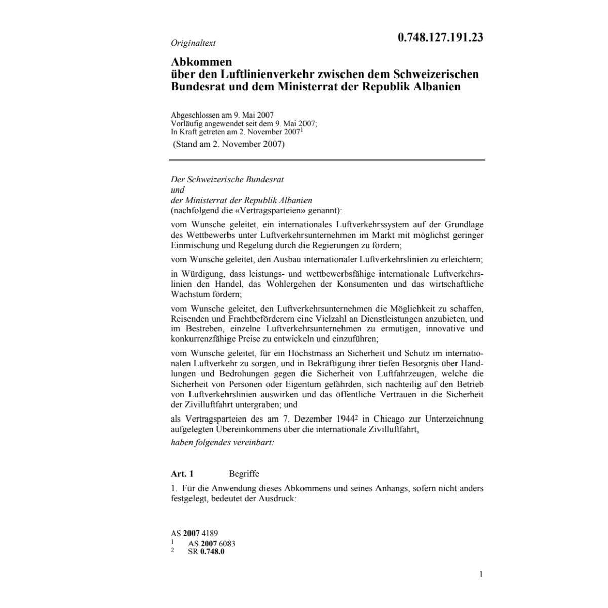 Abk. Albanien-CH ziviler Luftverkehr