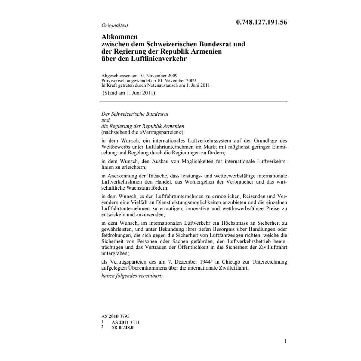 Abk. CH-Armenien Luftlinienverkehr
