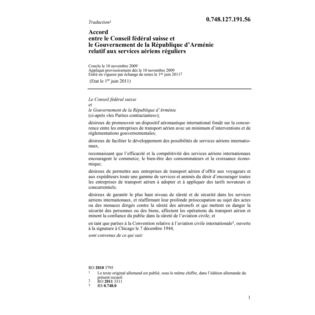 Acc. CH-Arménie serv. aériens réguliers