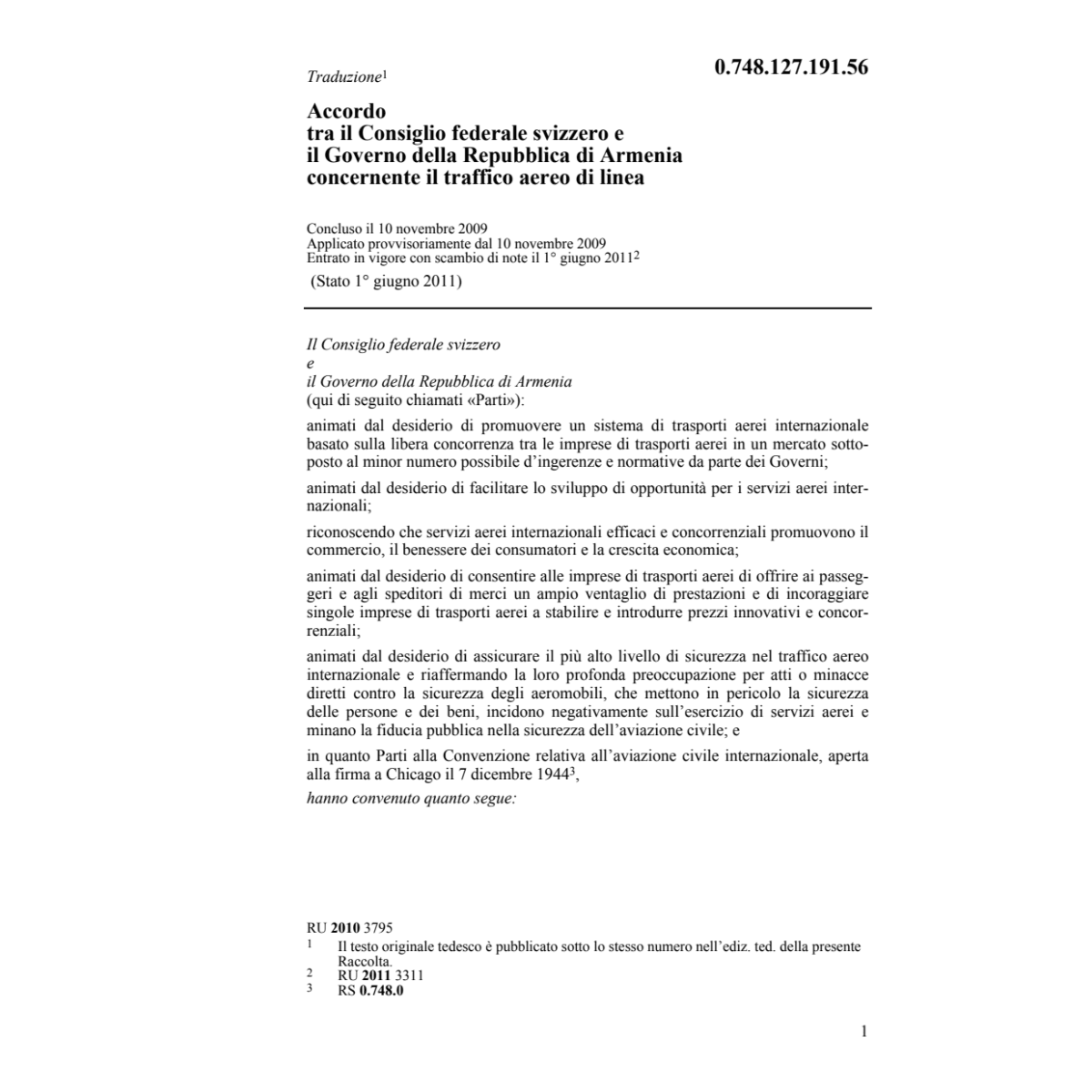 Acc. CH-Rep.Armenia traffico aereo linea