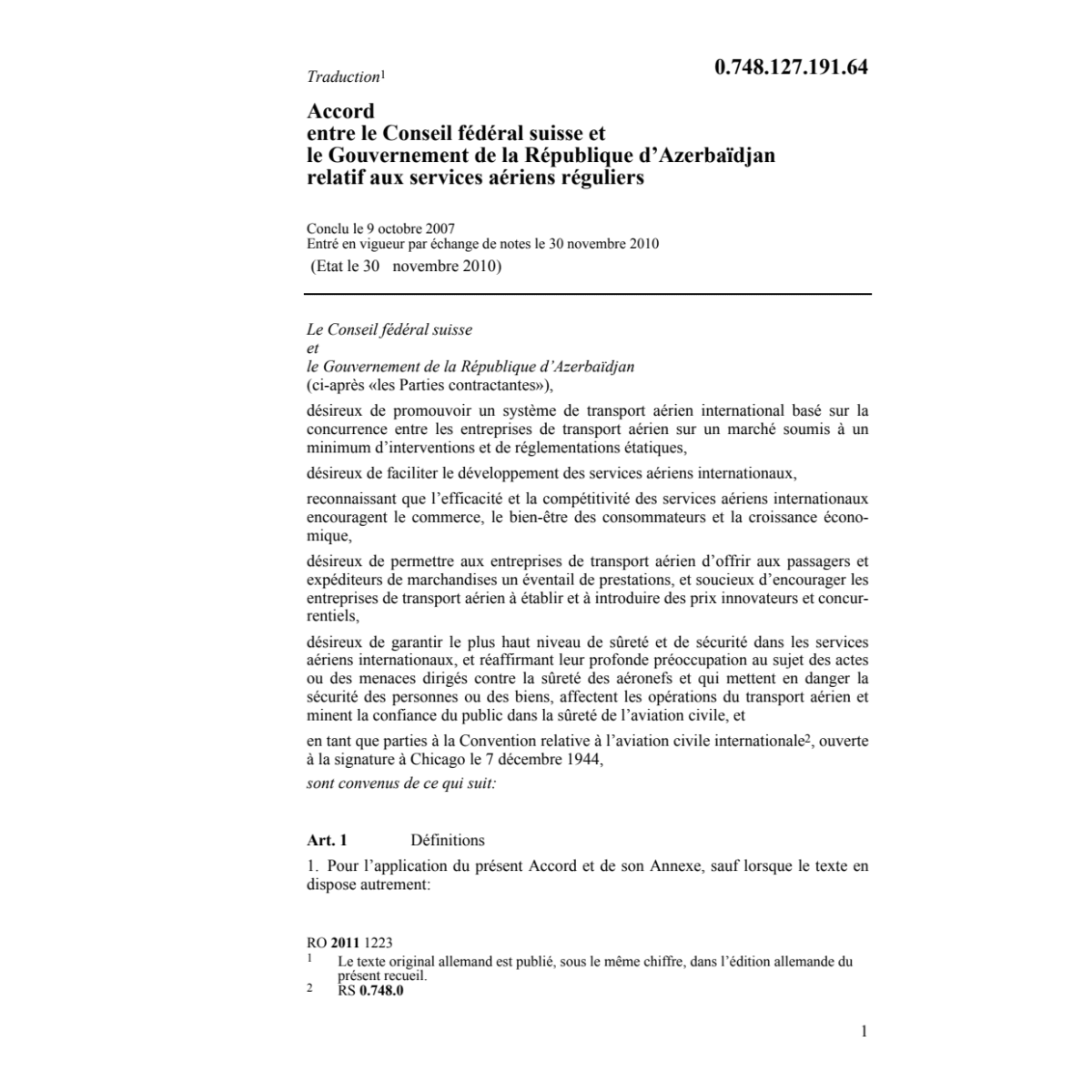 Acc. Azerbaïdjan serv. aériens réguliers