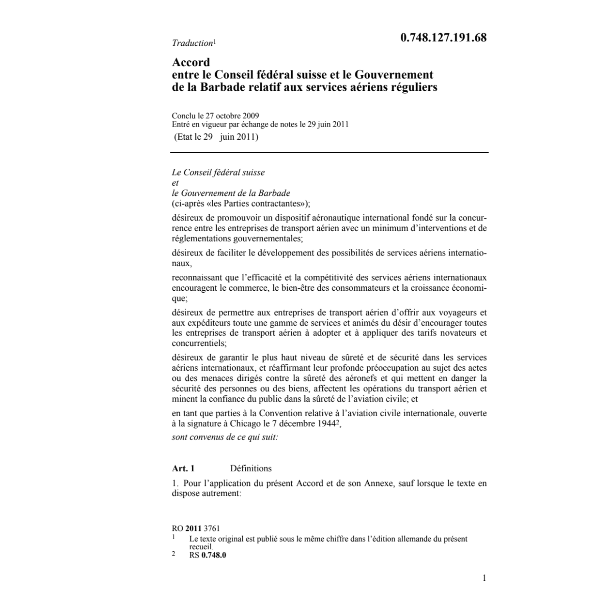 Acc. CH-Barbade services aériens rég.