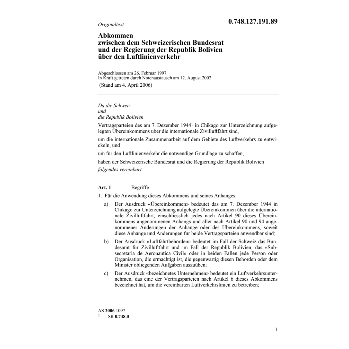 Abk. CH-Bolivien Luftlinienverkehr