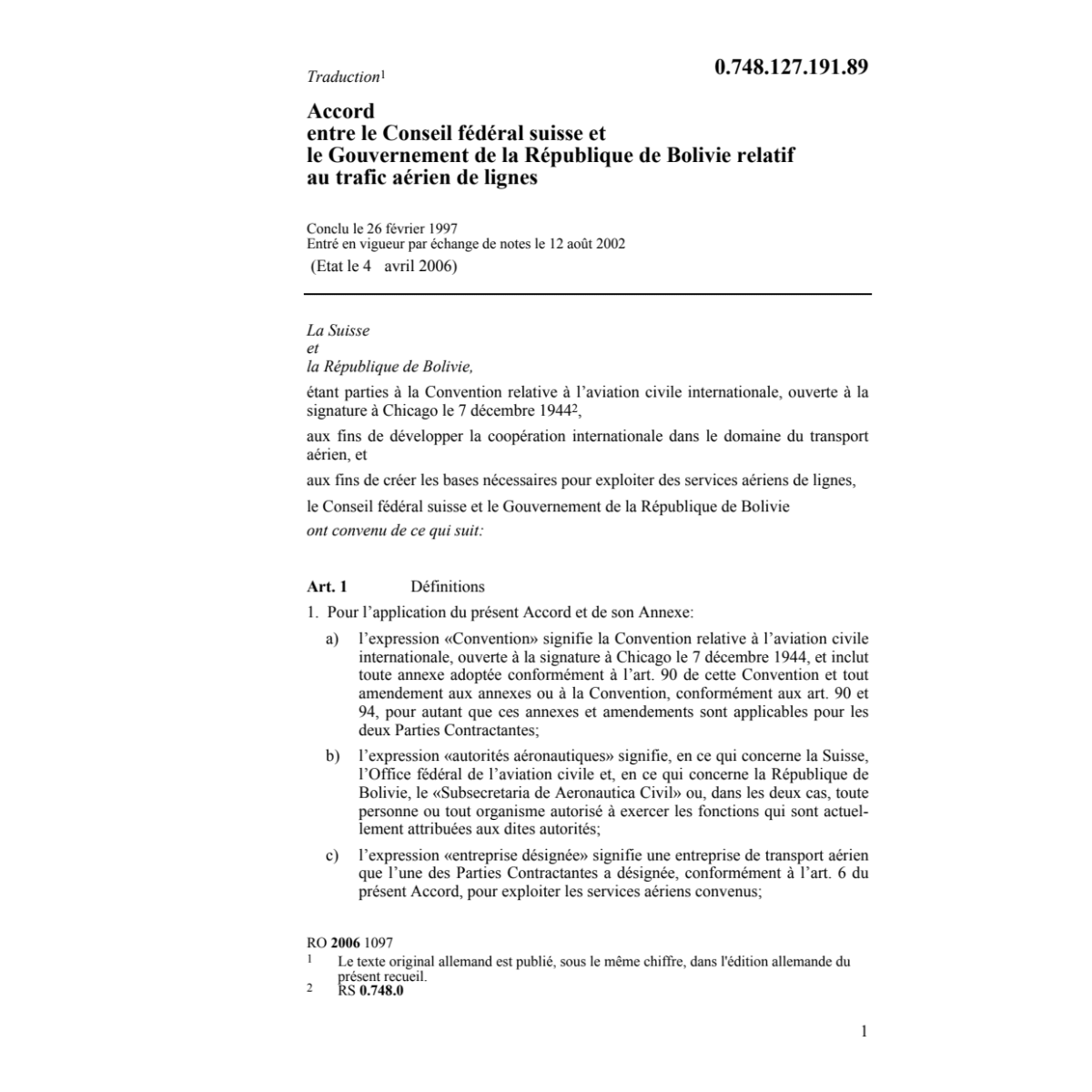 Acc.CH-Bolivie trafic aérien de lignes