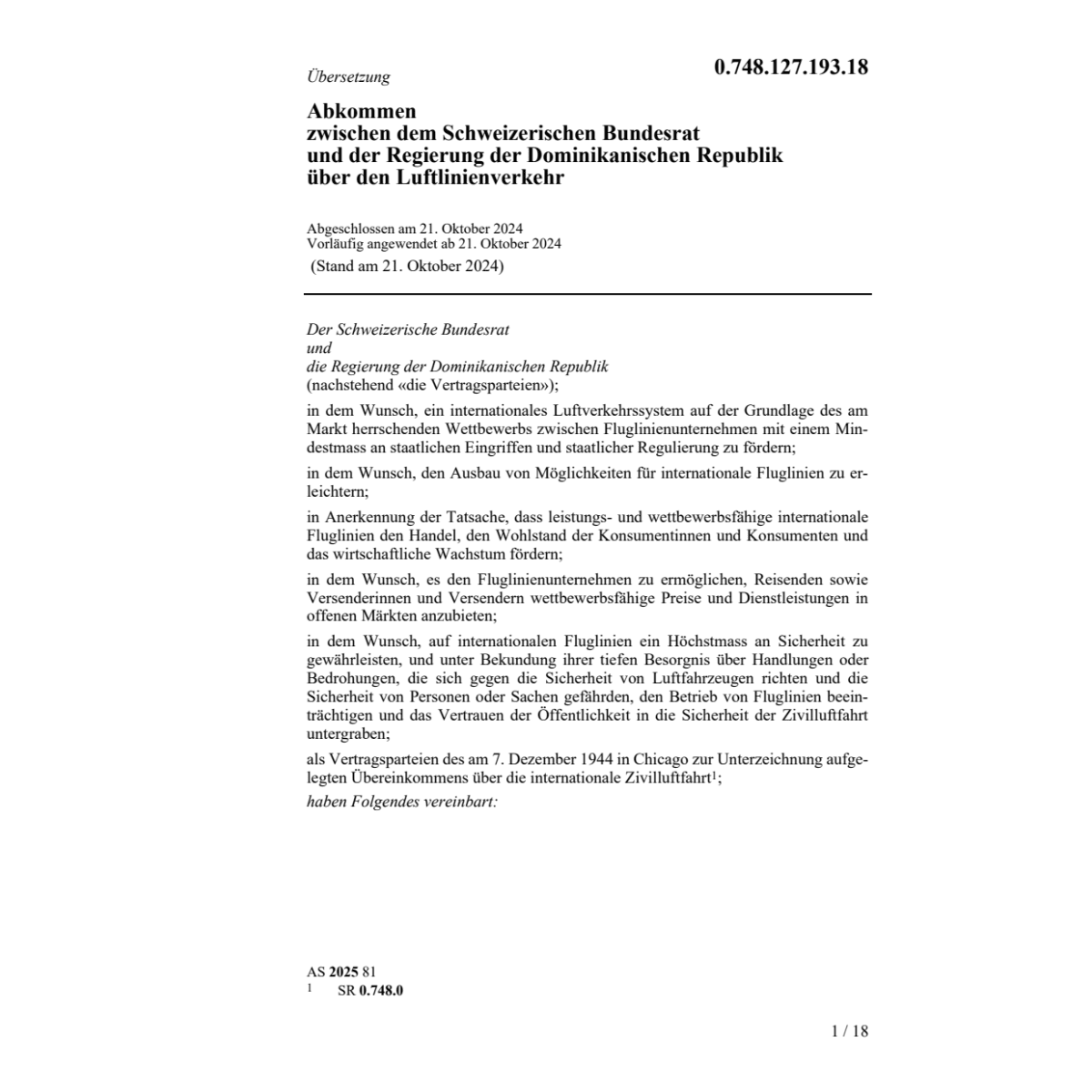 Abk. CH-Dominikanischen Rep. Luftverkehr
