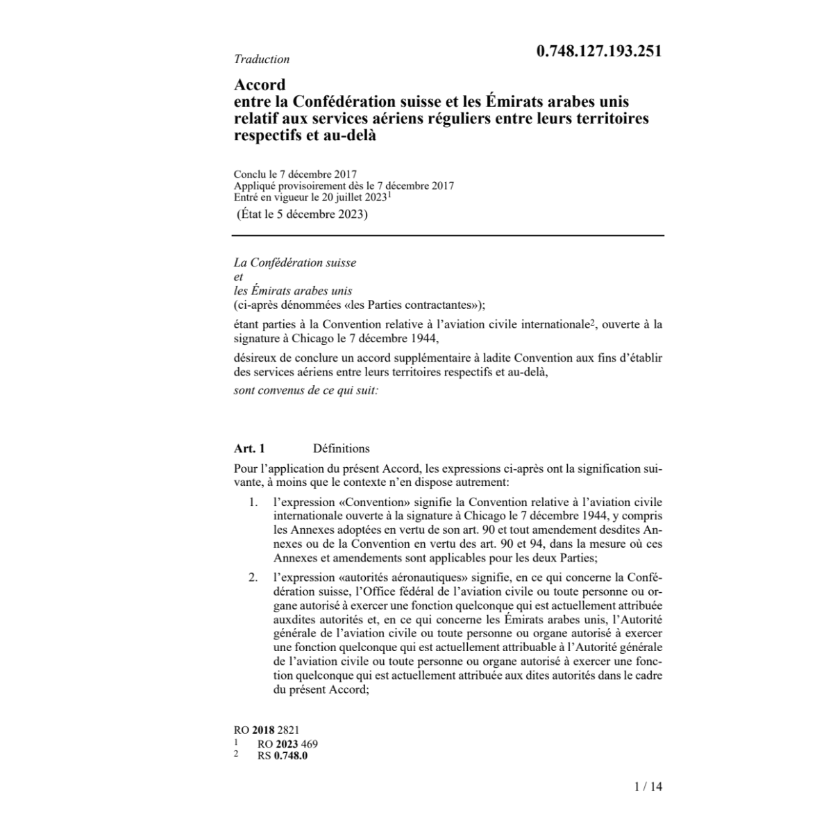 Ac. 7.12.17 CH/Émirats arabes unis