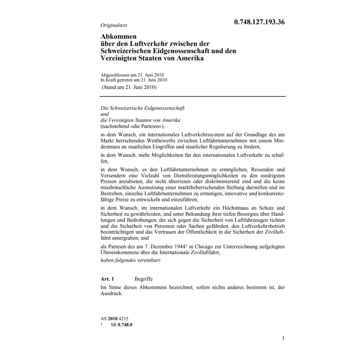 Abk. Luftverkehr Schweiz / Amerika