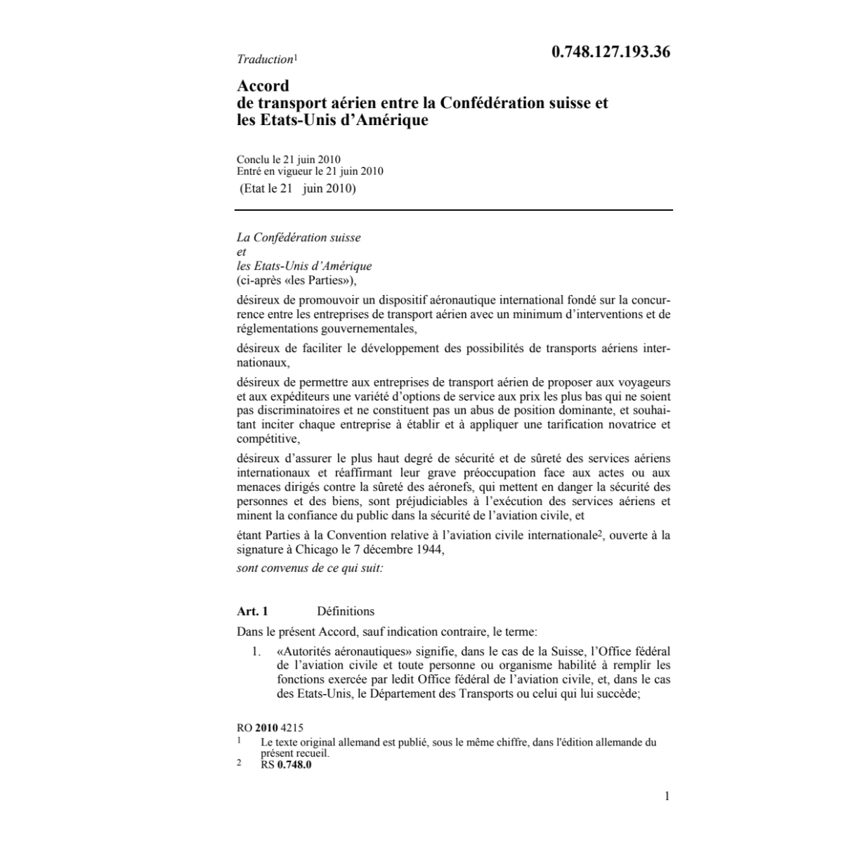 Acc. trafic aérien Suisse/Amérique