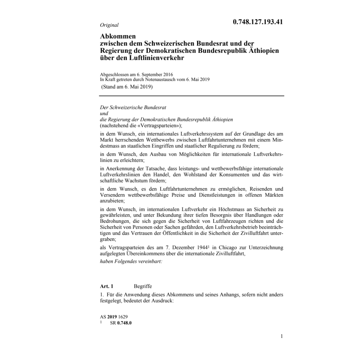 Abk. CH-Äthiopien Luftverkehr