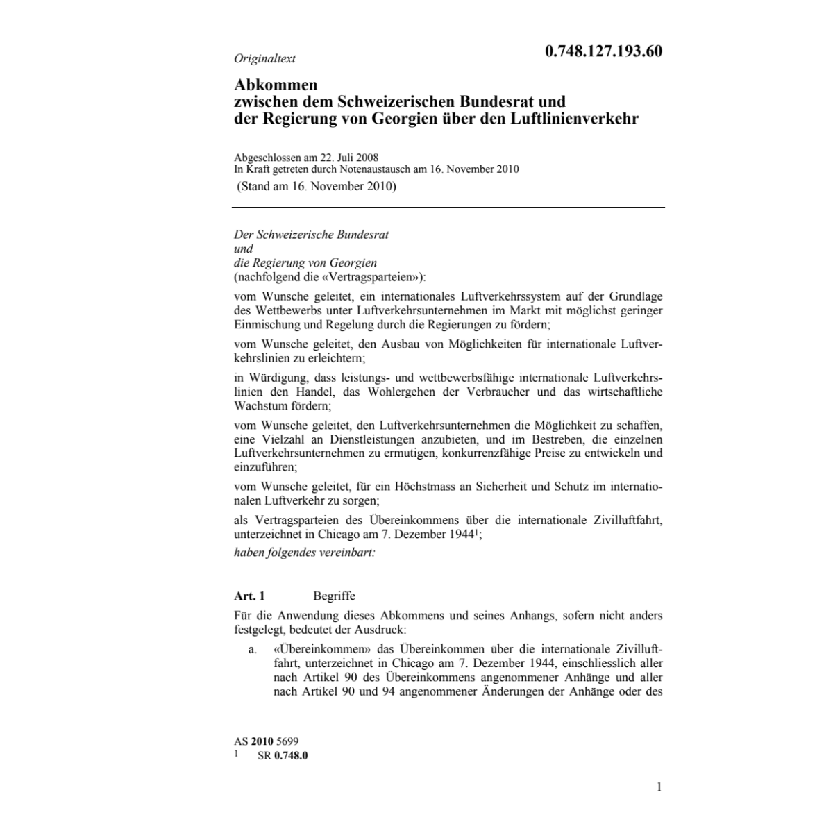Abk. CH-Georgien Luftlinienverkehr