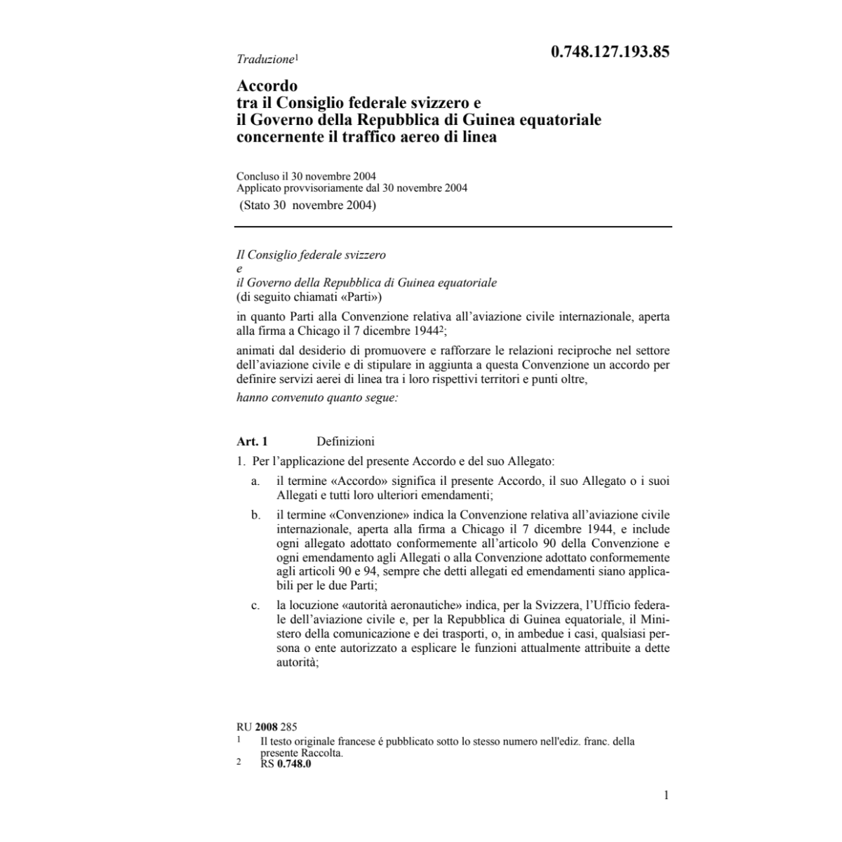 Acc.CH-Rep.Guinea equatoriale traffico