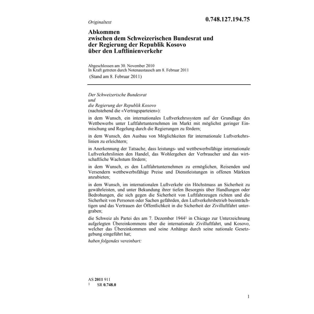 Abk. CH-Rep. Kosovo Luftlinienverkehr